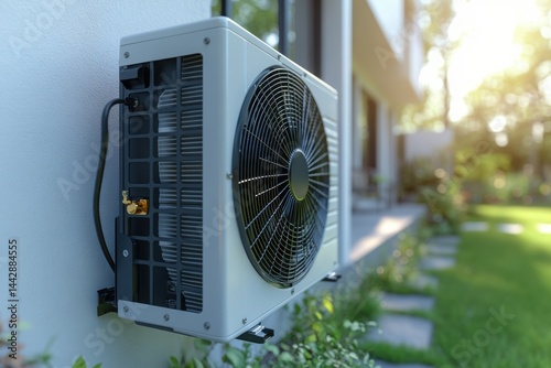 Air conditioner unit attached to a building with green lawn and foliage in background photo