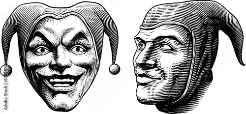 Jester mask engraving with bells hat for historical costume design