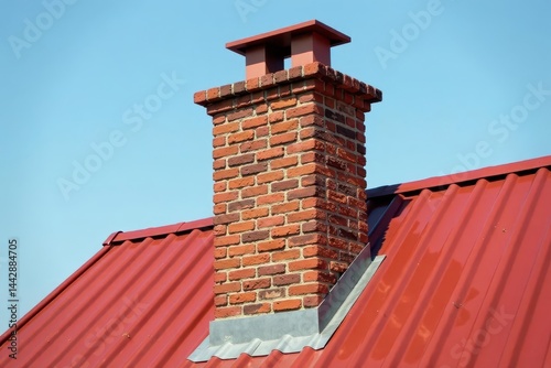 A weathered brick chimney against a vibrant red roof , texture, summer