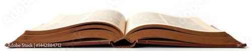 Well-worn brown leather book, open pages on white backdrop , notebook, reading