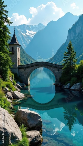 Elegant arched stone bridge over crystal clear mountain lake, landscape, journey