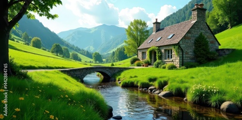 Stone cottages nestled amongst lush green meadows, babbling brook, summer, quaint