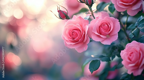 Soft pink roses in bloom, bathed in gentle sunlight.
