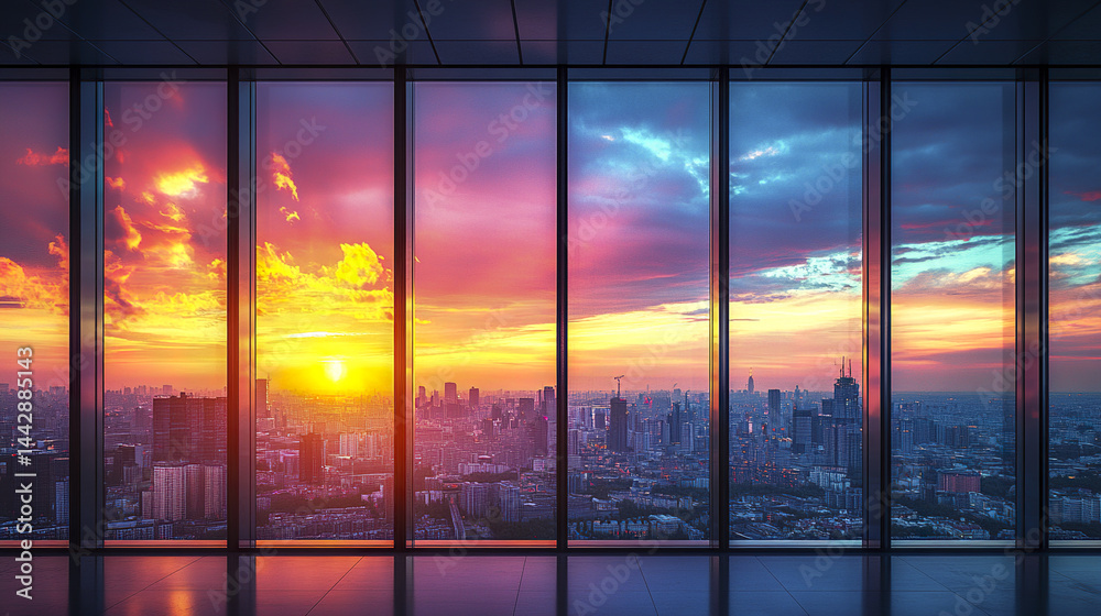 Fototapeta premium stunning sunset view from modern office building, showcasing vibrant colors and city skyline