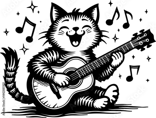 Rock and Roll Cat Playing Guitar music vector graphics
