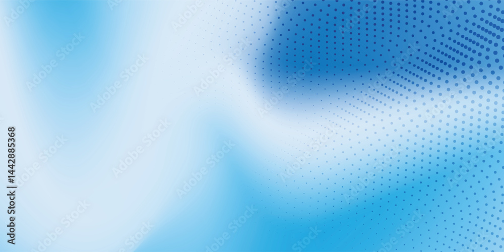 Abstract halftone background with wavy surface made of blue dots on white modern mesh background