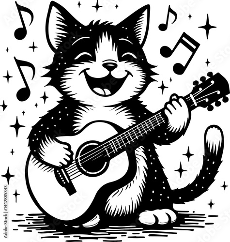 Rock and Roll Cat Playing Guitar music vector graphics