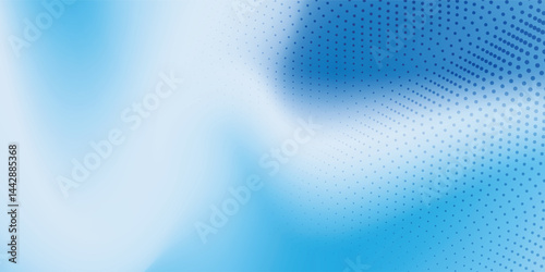 Abstract halftone background with wavy surface made of blue dots on white modern mesh background