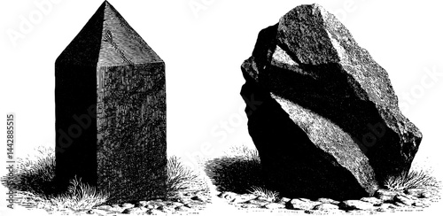 Engraved illustration of obelisk and boulder symbolizing guilt and burden