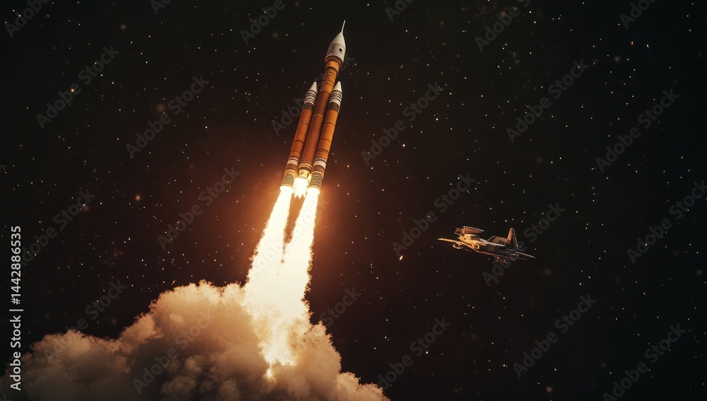 Obraz premium Majestic Rocket Launch into the Cosmos: A breathtaking view of a rocket ascending through the night sky, leaving a fiery trail, accompanied by a smaller spacecraft.