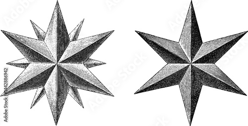 Engraved illustration of geometric stars for exploration and discovery themes