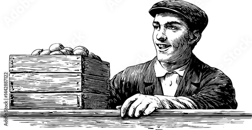 Vintage market trader with fruit crate engraved artwork for historical design
