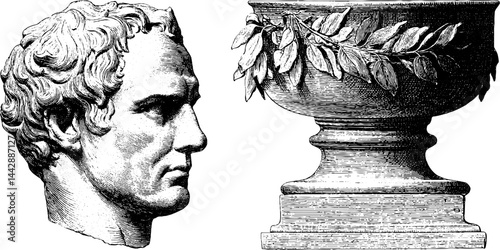 Engraved illustration of ancient marble bust and laurel-decorated pedestal