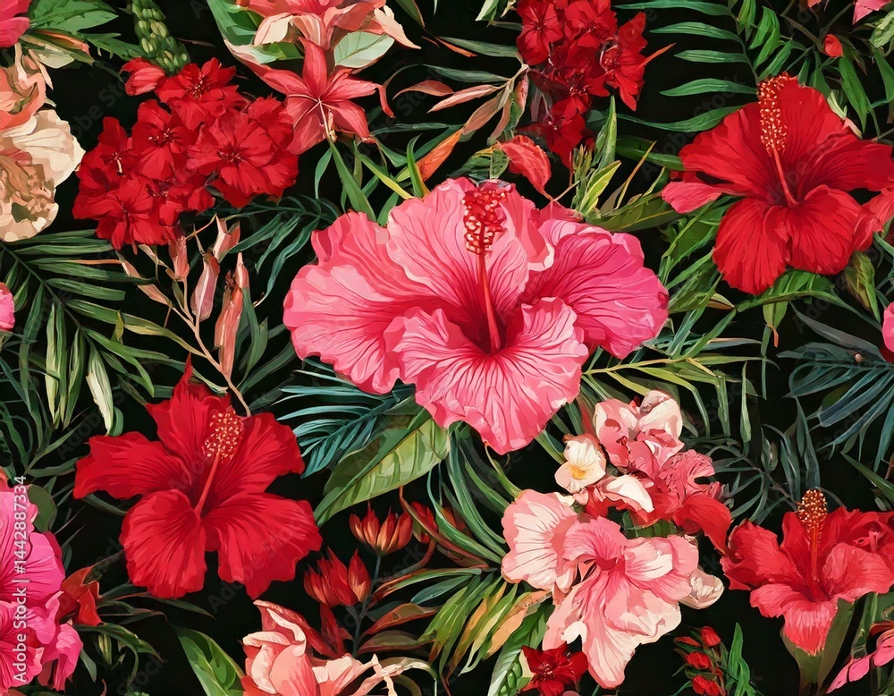 Seamless pattern flora pink Oleander,red Heliconia rostrata, Colorful Hibiscus flowers and