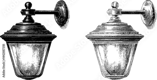 Vintage wall lantern engraving set for late evening ambiance and street design