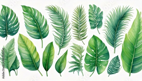  Set of tropical floral watecolor. Tropical green leaves on white background. Watercolor set photo