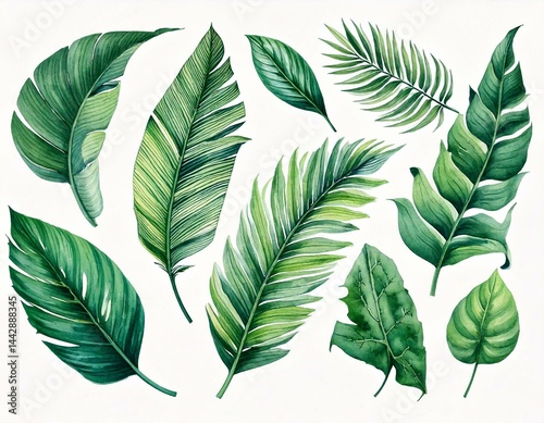  Set of tropical floral watecolor. Tropical green leaves on white background. Watercolor set photo