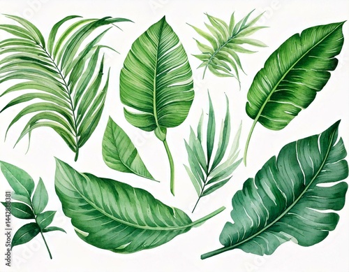  Set of tropical floral watecolor. Tropical green leaves on white background. Watercolor set photo