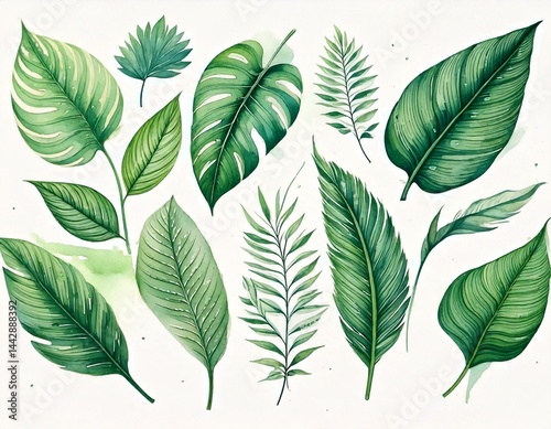  Set of tropical floral watecolor. Tropical green leaves on white background. Watercolor set photo