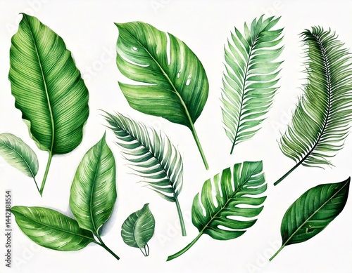  Set of tropical floral watecolor. Tropical green leaves on white background. Watercolor set photo