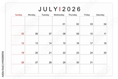 July 2026 Blank calendar page isolated on white background, Save clipping path.