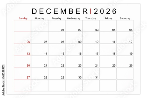 December 2026 Blank calendar page isolated on white background, Save clipping path.