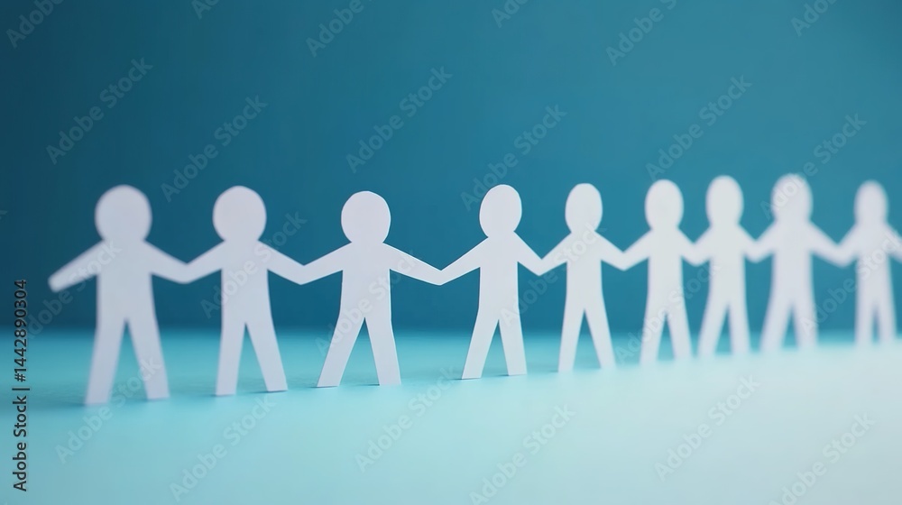 A row of white paper-cut human figures holding hands against a plain blue background. A row of white paper-cut human figures holding hands against a plain blue background.