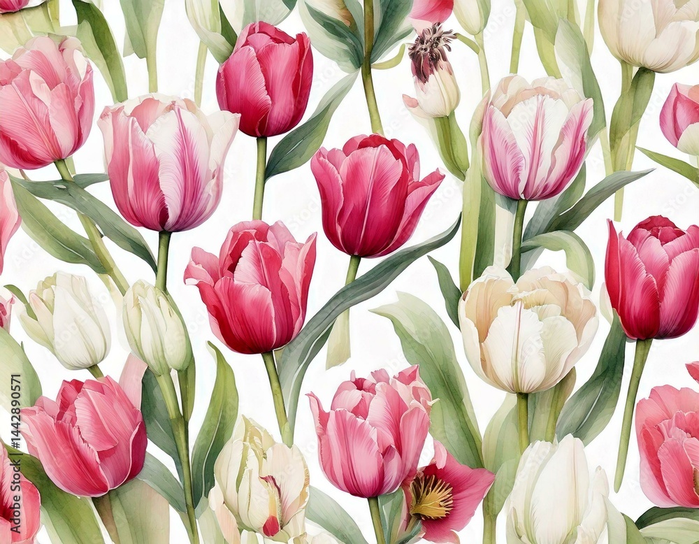 Fototapeta premium tilips pink and white flowers watercolor on white background seamless pattern for fabric, 