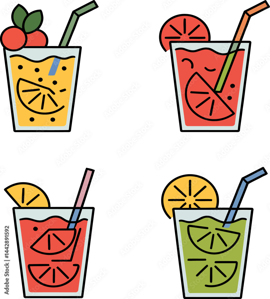 Set of Various Agua Frescas – Colorful Mexican Drink Vector Illustrations, Colorful Summer Drinks Icons
