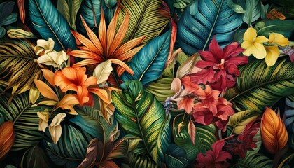Crédence de cuisine Tropical ensemble 1 patrons Feuilles tropicales et fleurs en motif répété  © RR 27