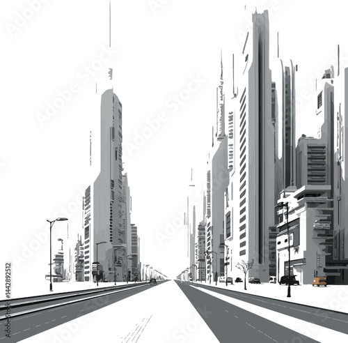 Vector Futuristic Cityscape, Monochrome Urban Street Perspective.