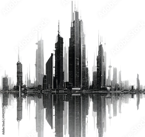 Vector Futuristic Cityscape, Monochrome Skyline Reflection.
