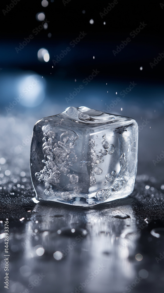 Fallender Eiswürfel mit Wasserspritzern auf schwarzem Hintergrund in Nahaufnahme