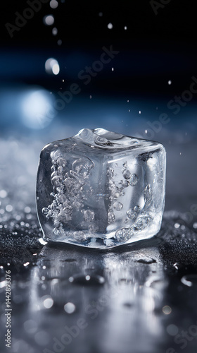 Obraz na płótnie Fallender Eiswürfel mit Wasserspritzern auf schwarzem Hintergrund in Nahaufnahme w salonie