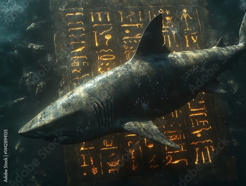 Shark over ancient underwater text. Underwater relic