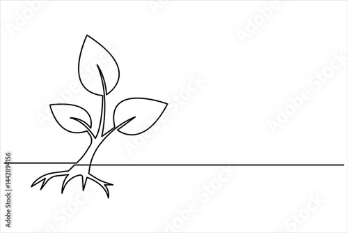 Growth plant in single continuous Line drawing. Sprout with leaves in simple linear style isolated vector illustration
