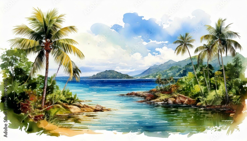 Fototapeta premium Watercolor Florida Hawaii Landscape Painting Illustration on White Background 