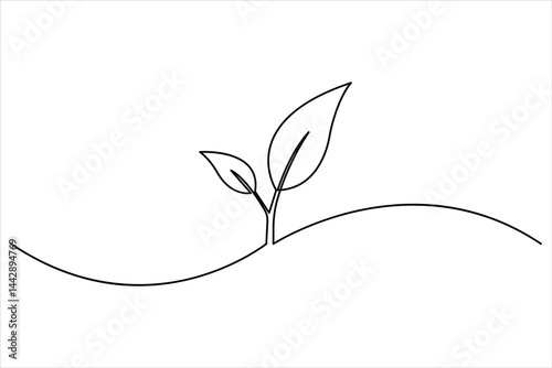 Growth plant in single continuous Line drawing. Sprout with leaves in simple linear style isolated vector illustration
