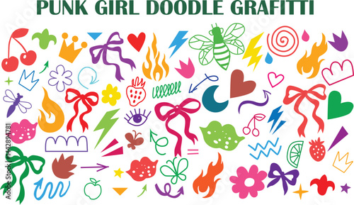 Punk girl doodle graffiti colorful. Bow girly tattoo. Cute hand drawn heart, cherry, bow. Rock star vintage grunge vector. Punk tattoo icon set. Sketch scribble shape. Chalk ribbon flower kiss. 