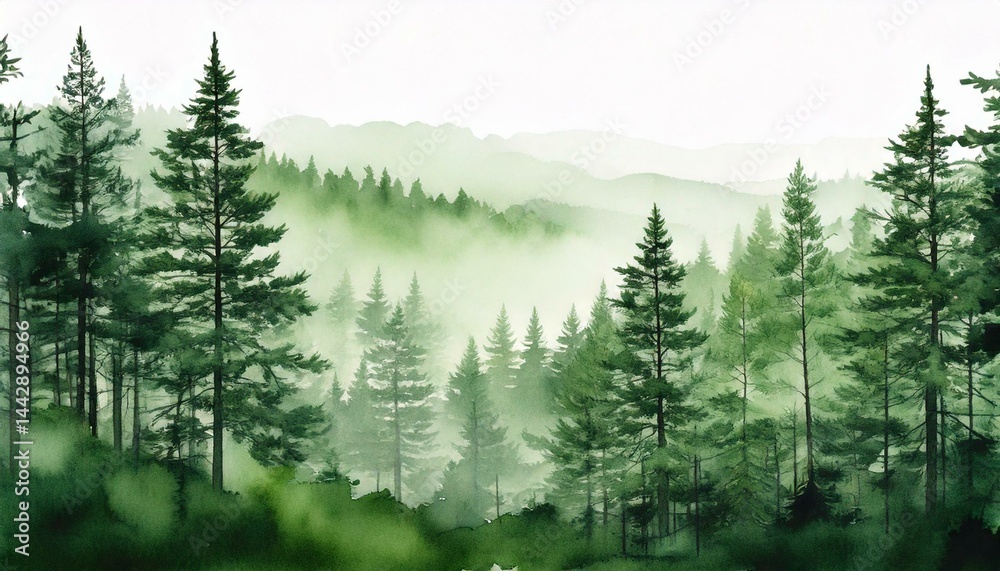 Fototapeta premium watercolor, forest, tree, nature, mist, fog, woods, pine, green, landscape, hills, beautiful, illustration, art, scenery, outdoors, peaceful, misty, environment, tranquil, mountain, foliage, rustic, w