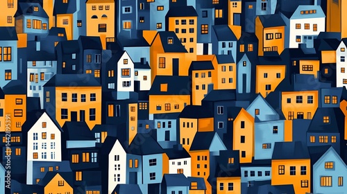 Abstract stylized cityscape illustration in bold hues of ochre and navy