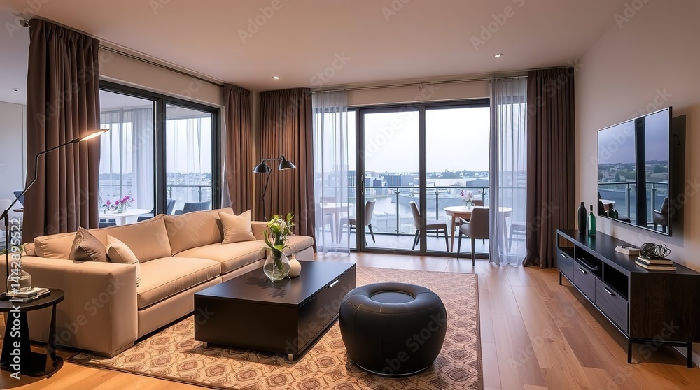 Fototapeta premium Modern luxury apartment living room with panoramic windows, elegant furniture, beige sectional sofa, hardwood floors, TV unit, cozy lighting, city view, and sophisticated interior design style, image