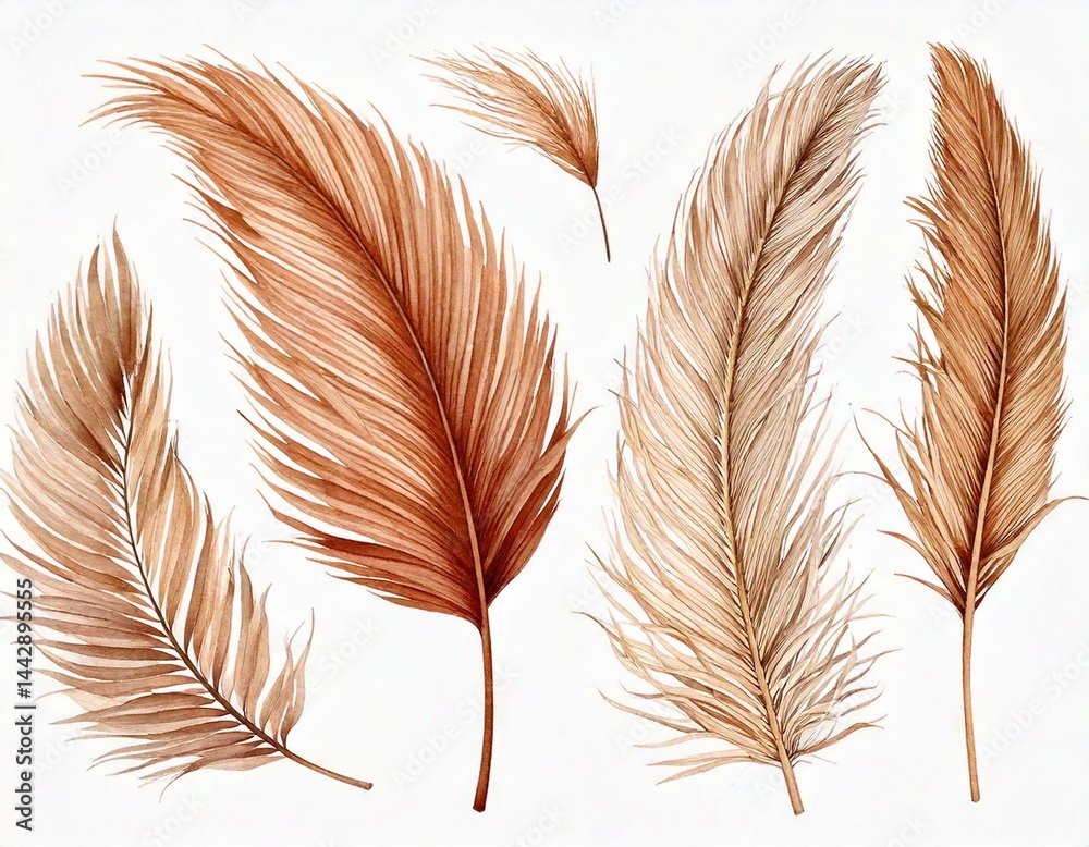 Fototapeta premium Watercolor tropical set with dry dried boho palm leaves and pampas grass. Hand painted exoti