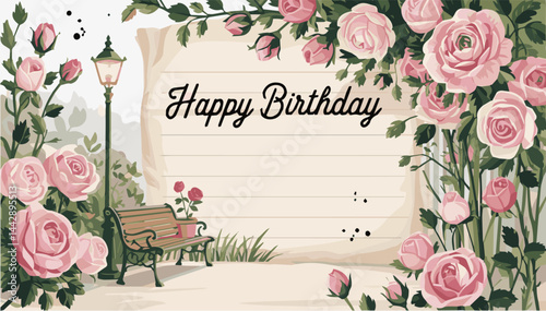 Happy birthday greeting card with a picture of flowers and rose leaves near a bench and a street lamp. Romantic holiday atmosphere. Color vector illustration. EPS.