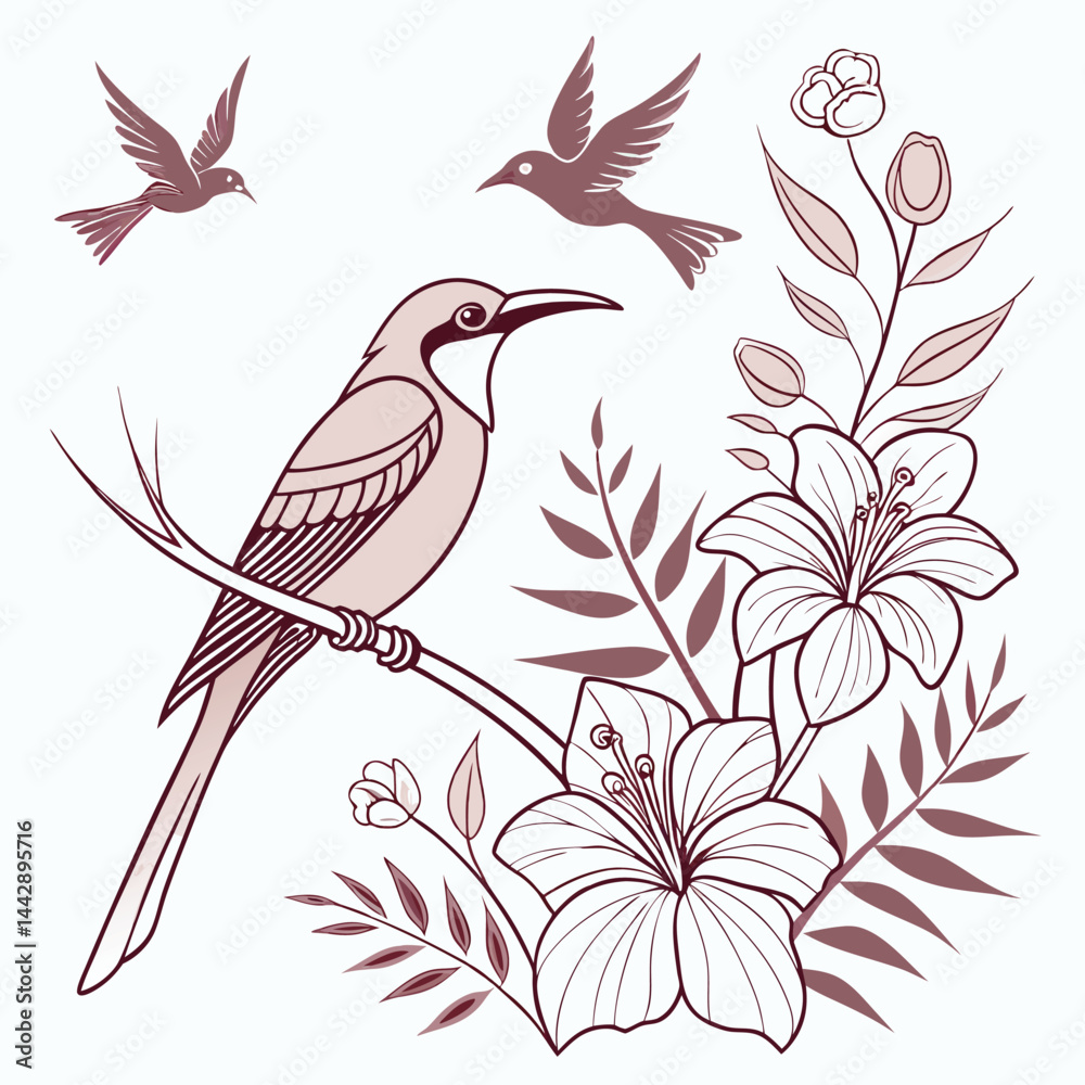 Obraz premium Beautiful tropical bird on exotic flowers in vintage style, Elegant boho design. 