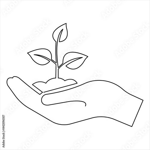 Growth plant in single continuous Line drawing. Sprout with leaves in simple linear style isolated vector illustration

