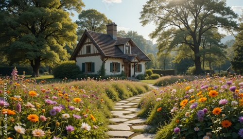 Wallpaper Mural A charming countryside cottage nestled among wildflowers with soft sunlight, swaying blooms, and a rustic stone path in a cozy atmosphere Generative AI Torontodigital.ca