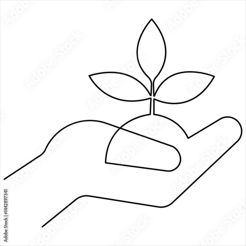 Growth plant in single continuous Line drawing. Sprout with leaves in simple linear style isolated vector illustration
