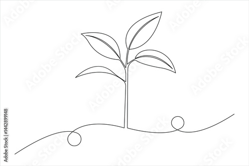Growth plant in single continuous Line drawing. Sprout with leaves in simple linear style isolated vector illustration
