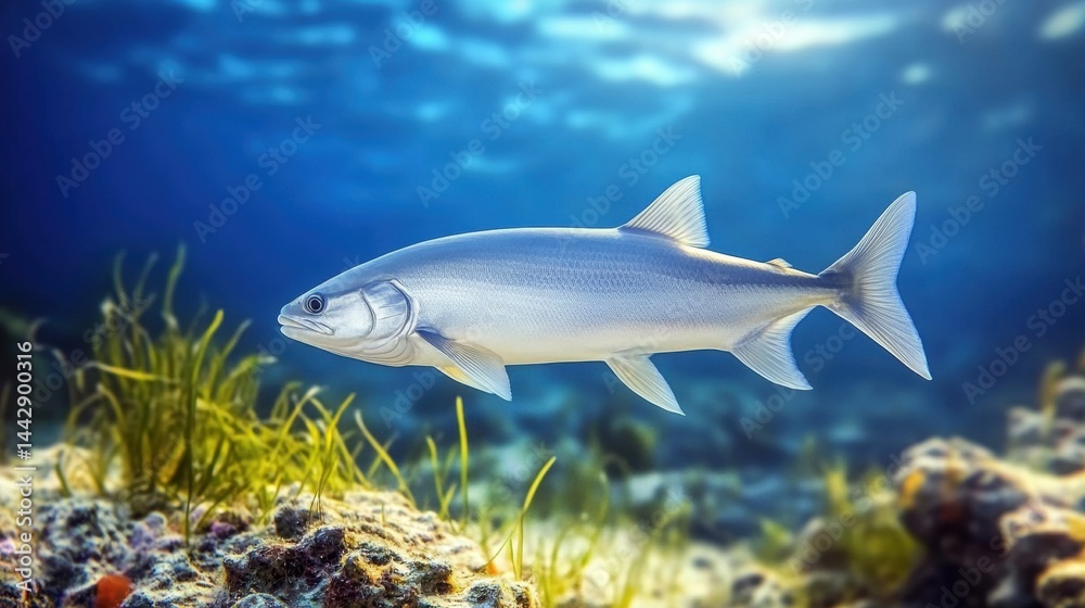 Naklejka premium Underwater Scene Featuring a Silver Fish Swimming in Blue Water